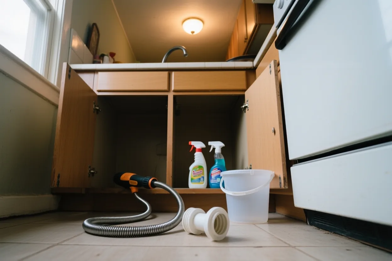 Drain auger and a removed P-trap under a kitchen sink