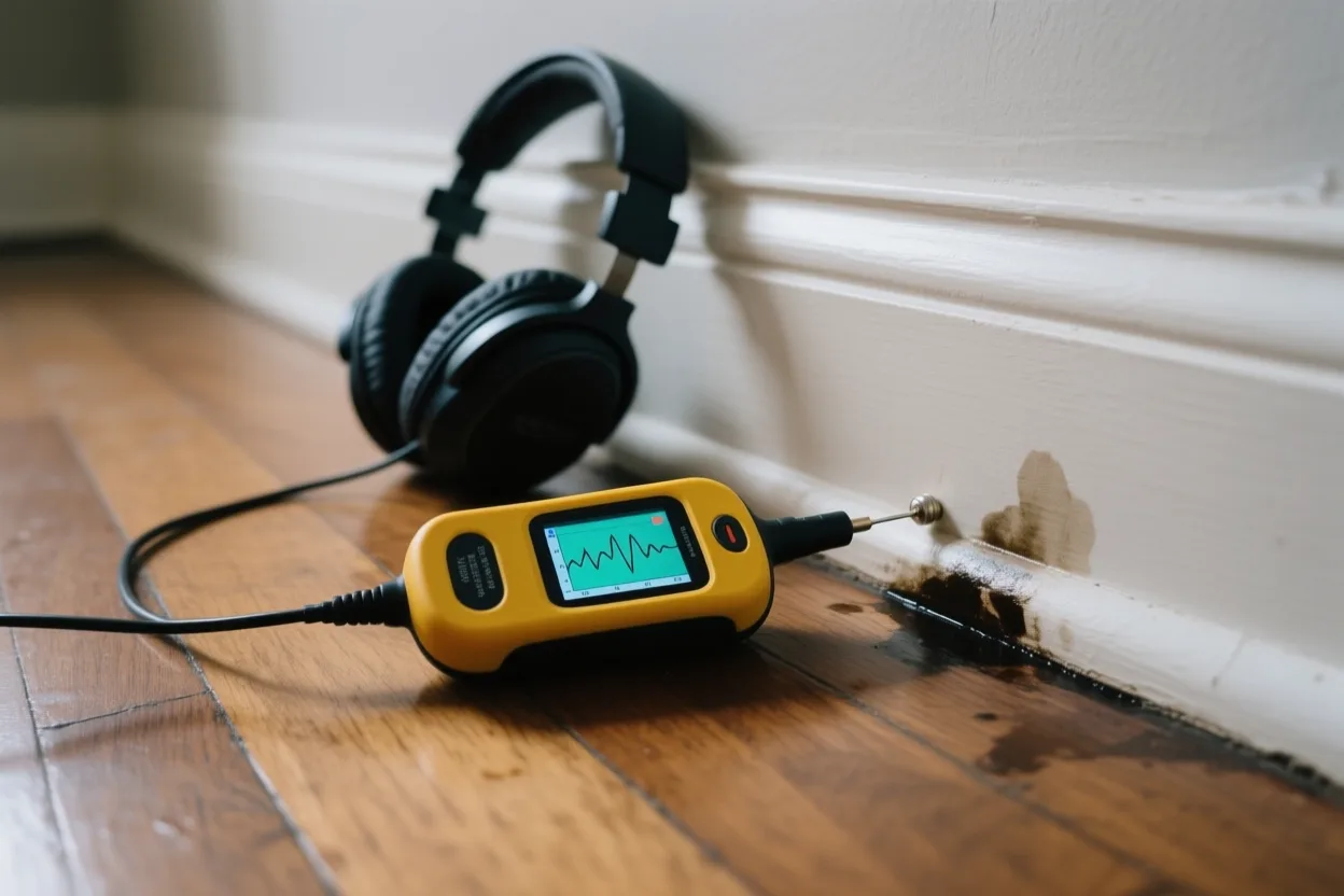 Leak detection unit with sensor probe at a water-stained baseboard