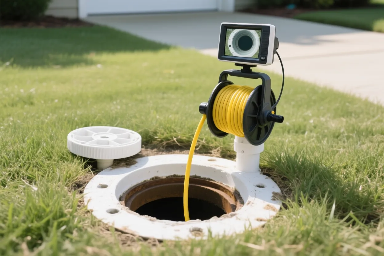 Sewer camera reel feeding cable into a yard cleanout pipe