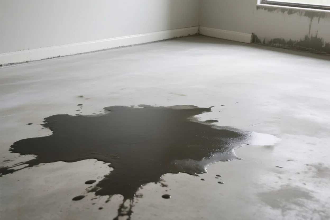 Damp patch spreading across a concrete slab floor